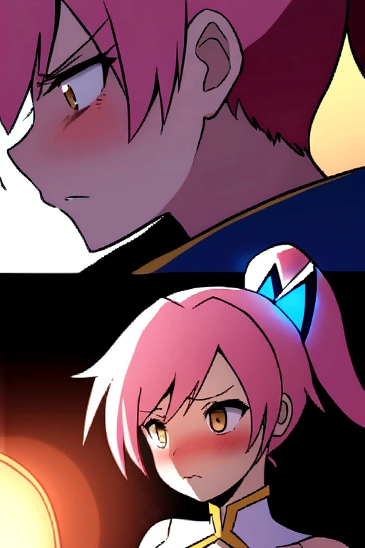 girl, pink hair in a ponytail, gold eyes, magic girl short clothes, tired face, blush, hurt, hentai.