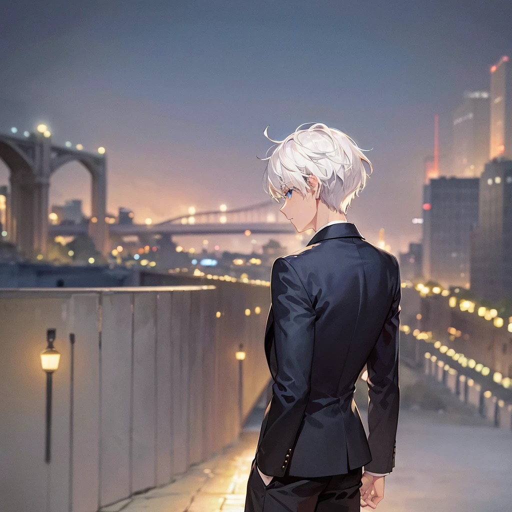 Man, back turned, alone, white hair, blue eyes, short hair, wearing a black suit, bridge view at night, half body