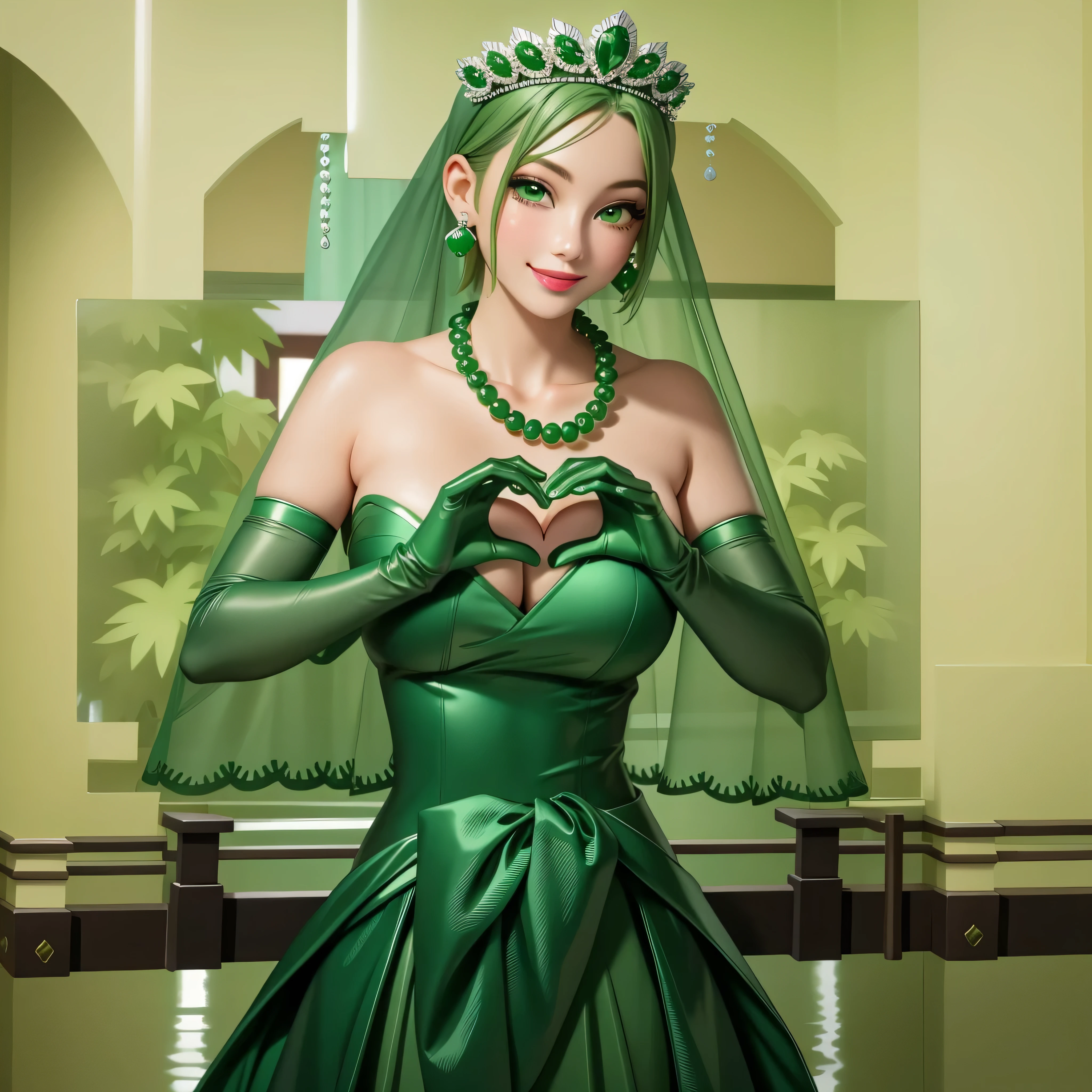 emerald tiara, Green Pearl Necklace, Boyish very short green hair, Green Lips, Smiling Japanese woman, Very short hair, Busty beautiful lady, Green Eyes, Green satin long gloves, Green Eyes, Emerald Earrings, Green veil, Heart with both hands, Green Hair, Beautiful Japanese Woman, Heart shaped hands:1.3, green lip gloss