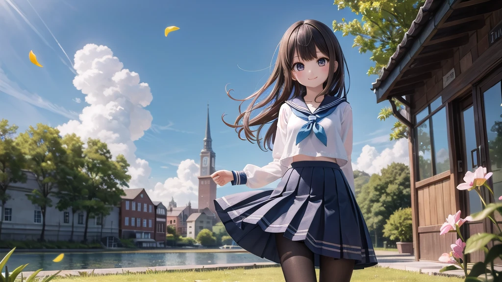 (masterpiece),  town,  blue sky,  One Girl,  smile,  alone,  Sailor suit、Long skirt,  Overgrown,  petal,  plant、Skirt lining、Translucent slip、nostalgic、Black Pantyhose