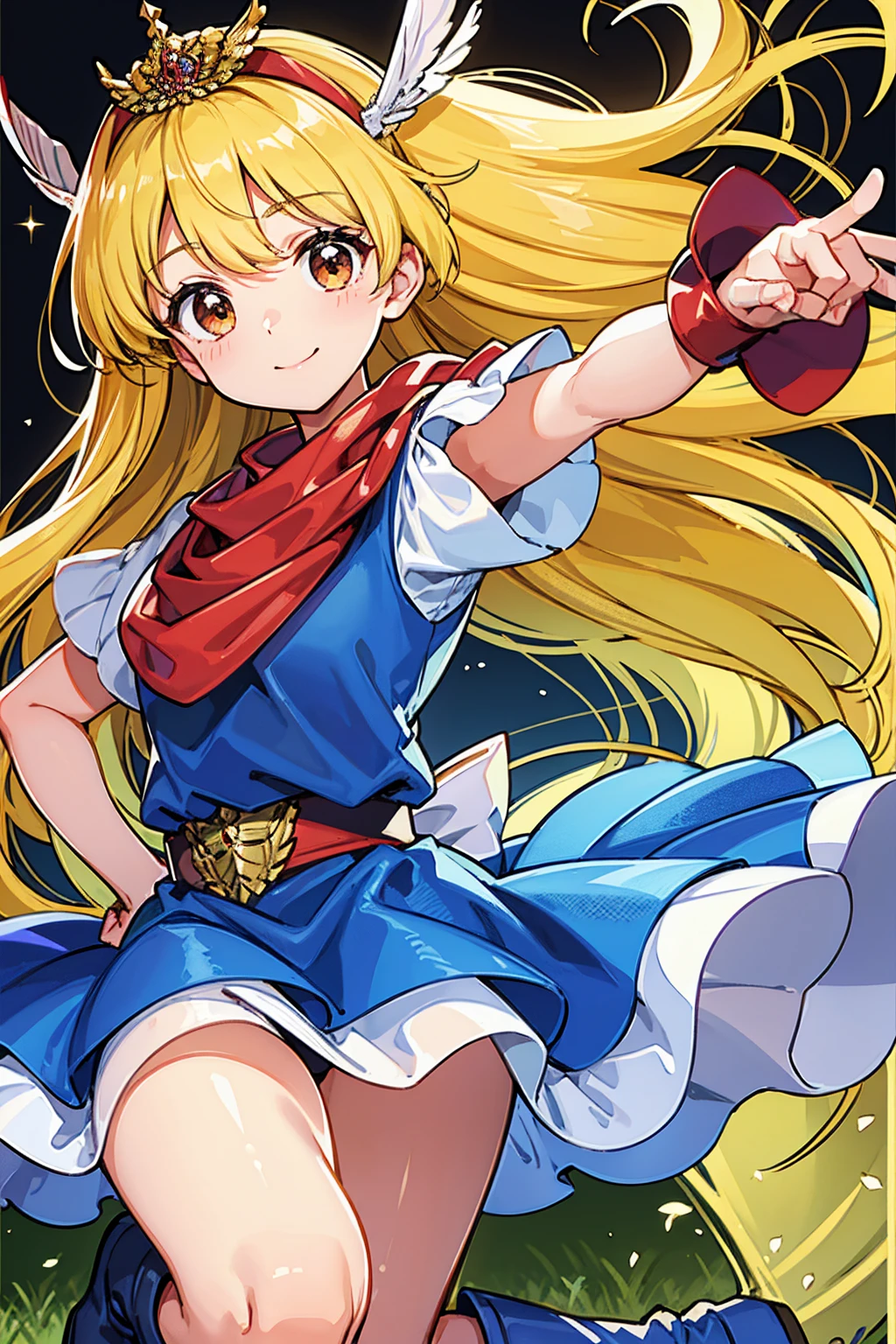 masterpiece、1 beautiful girl、Beautiful Eyes、smile,Puffy eyes、Highest quality, 超High resolution, (reality: 1.4), Cinema Lighting、so beautiful、Beautiful Skin、Body facing forward、Upper Body,Face close-up,(Ultra-realistic)、(High resolution)、(8K)、(Very detailed)、(Beautiful and Beautiful Eyes)、(Very detailedな)、 (wall-)、Detailed face、Bright lighting、Professional Lighting、Looking at the audience、Look straight ahead、Diagonal bangs、Perfect cosplay, Highest quality,Very detailedな,1 Girl,alone,magic princess,Blonde,Blue clothes,Blue Skirt,Brown eyes,feather hair band,Long Hair,Shoulder rest,boots,Red scarf,tiara,White shoes, Flower field background,Prepare the bow