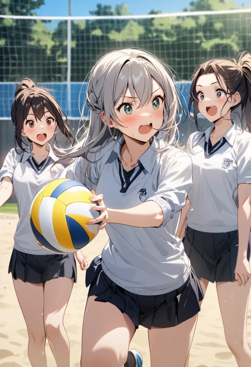 Three girls playing volleyball, answering the ball having fun they are at school