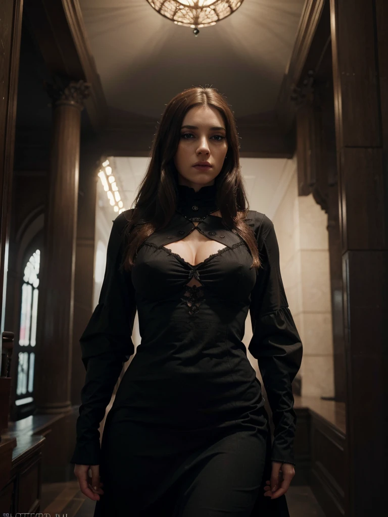 a beautiful gothic woman, sensual clothes, perfil view, medium breasts, large buttocks, brown hair, carismatic room background, detailed facial features, long eyelashes, moody atmosphere, cinematic lighting, dramatic shadows, gloomy, dark, cyberpunk, sci-fi, (best quality,4k,8k,highres,masterpiece:1.2),ultra-detailed,(realistic,photorealistic,photo-realistic:1.37)