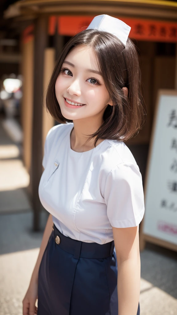 (1 Girl )、(Beautiful Japanese、24years old,round face、Refreshing、clear、seems kind、stylish、Pitiful、cute like an angel、cute、black eyes、(Single eyelid:1.3)、Beautiful skin), {(Japan human face:1.4),(General facial features)} , (((Beautiful breasts:0.4))),(((soft breasts))),(very cute),(short hair),(enchanting eyes),(highlight on eyes:1.2)、(8K、Live shooting、highest quality、masterpiece:1.2、optimal lighting)、((masterpiece)),(Photo taken by a professional photographer),(real、photo real:1.4),BREAK,((taraditional nurse uniform))),,{(White nurse tight pants)},(cleavage:0.5)},( smile:1.2),(cheeks are red:1.3), break, hospital,Face shot:1.3、looking at viewer, face close-up,Looking up、,(((1970s vibe)))、Hands clasped behind back,dynamic angle