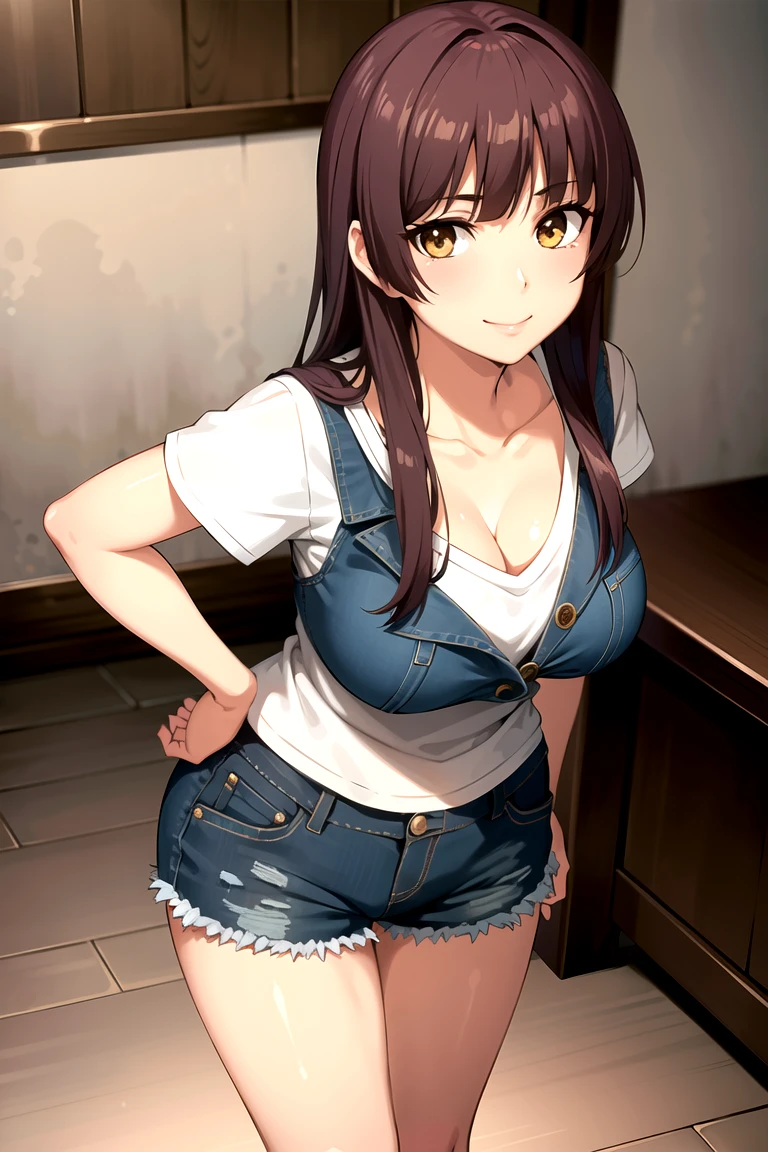 mature women, taniguchi_harumi_citrus
, brown long hair, blunt bangs, yellow eyes, medium boobs, short sleeves plunge tee, cleavage, tucked in, blue jeans, blushing, closed mouth, smile, masterpiece, 8K, HD, perfect face, high quality, best quality, extremely detailed eyes, extremely detailed body, highly detailed, expressive eyes, high res, 1girl, solo, knee length shot, front view, looking at viewer, body facing viewer, pov shot, slightly from above, standing up, straight posture, hands on hips, bedroom