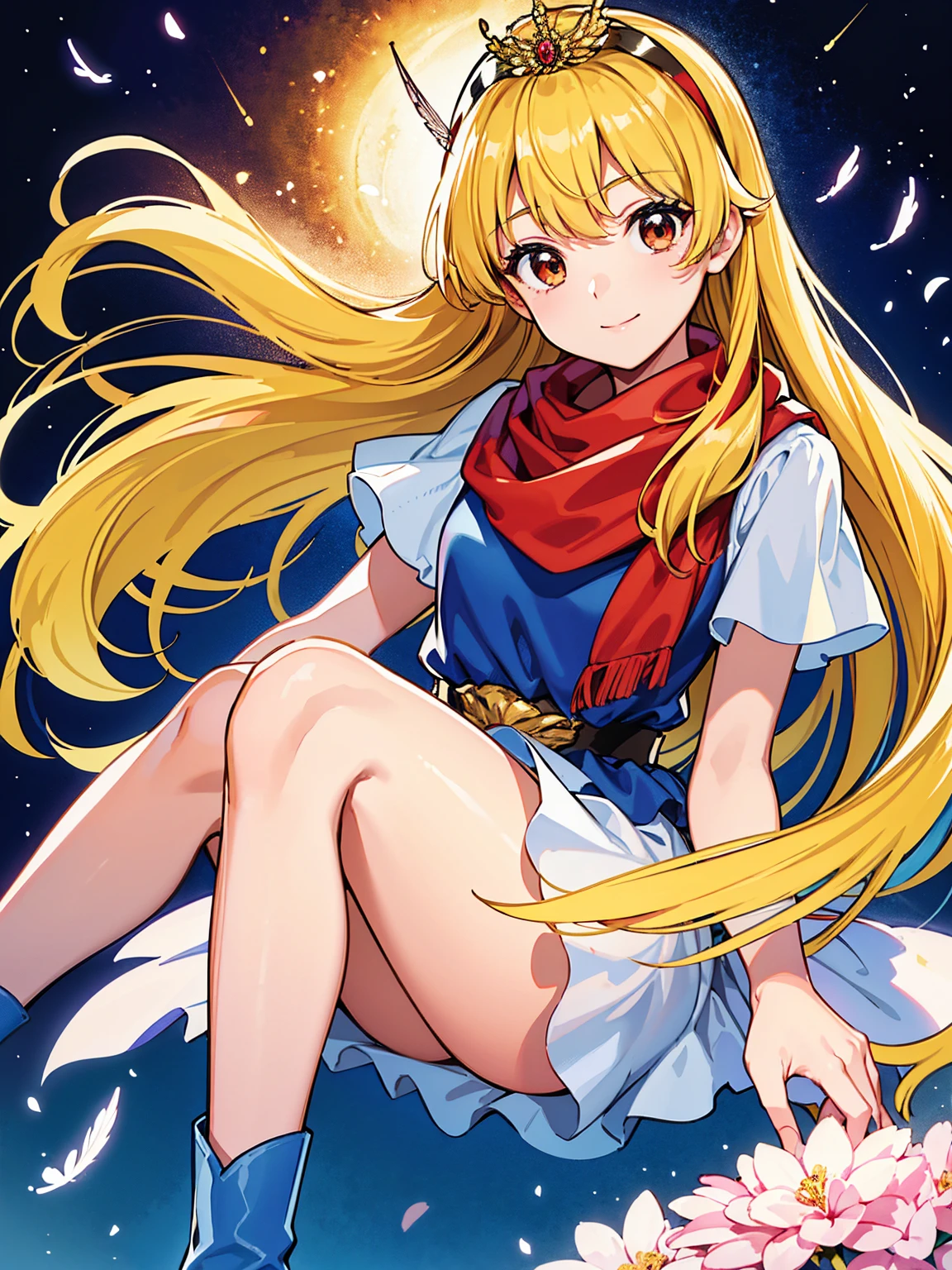 masterpiece、1 beautiful girl、fine eyes、smile,puffy eyes、highest quality, 超High resolution, (reality: 1.4), movie lighting、super beautiful、beautiful skin、body facing forward、Upper body,close up of face,(Ultra-realistic)、(High resolution)、(8k)、(very detailed)、(Beautiful and fine eyes)、(Super detailed)、 (wall-)、detailed face、bright lighting、professional lighting、looking at the viewer、look straight ahead、slanted bangs、perfect cosplay, highest quality,super detailed,1 girl,alone,magical princess,blonde hair,blue clothes,blue skirt,brown eyes,feather hair band,long hair,pauldron,boots,red scarf,tiara,white shoes, flower field background,prepare a bow