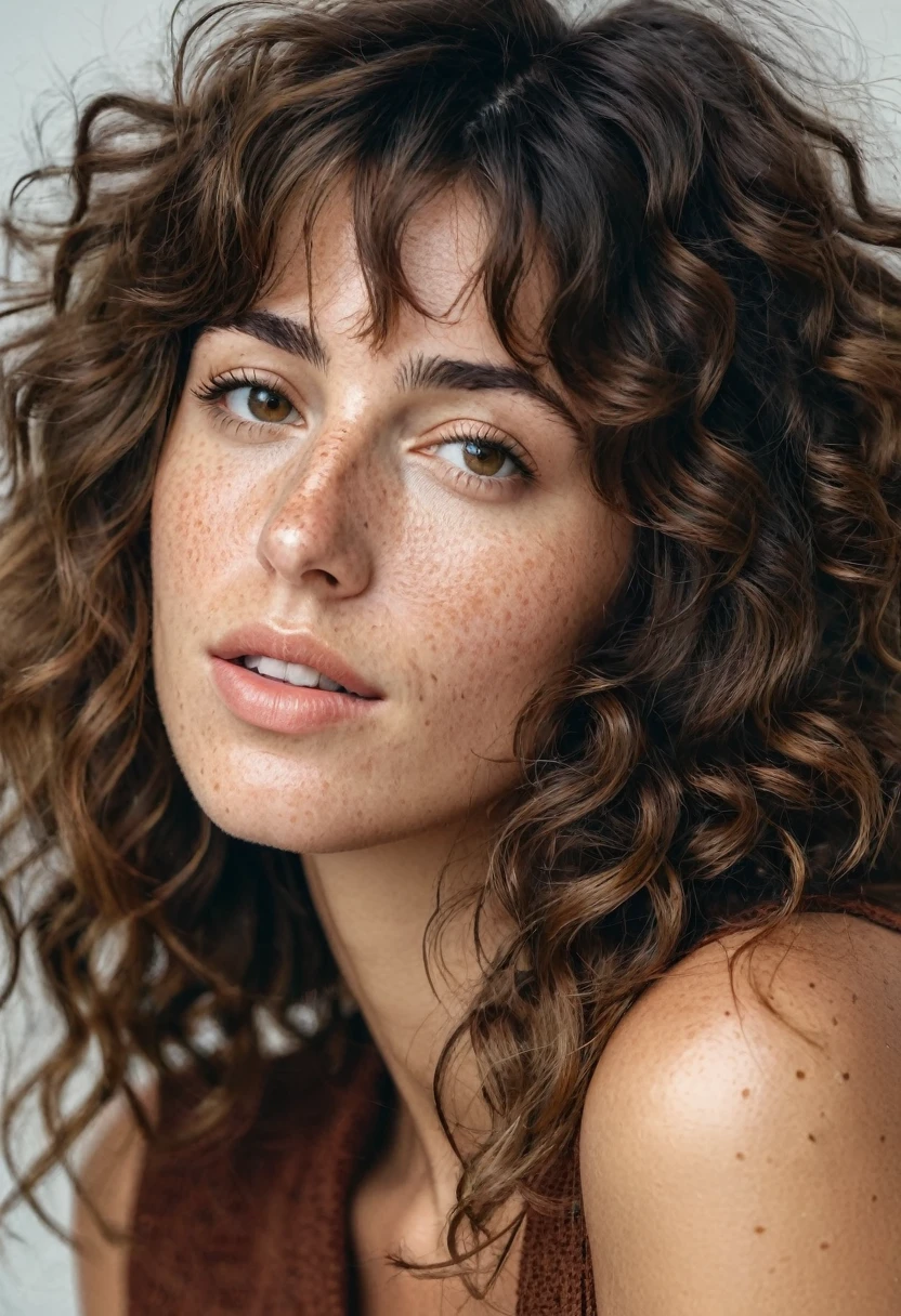 Portrait of Roberta Gemma, italian woman, 30 years old, face highly detailed, natural skin with light freckles, light make-up, Curly Shag with Bangs hair, kiss expression.