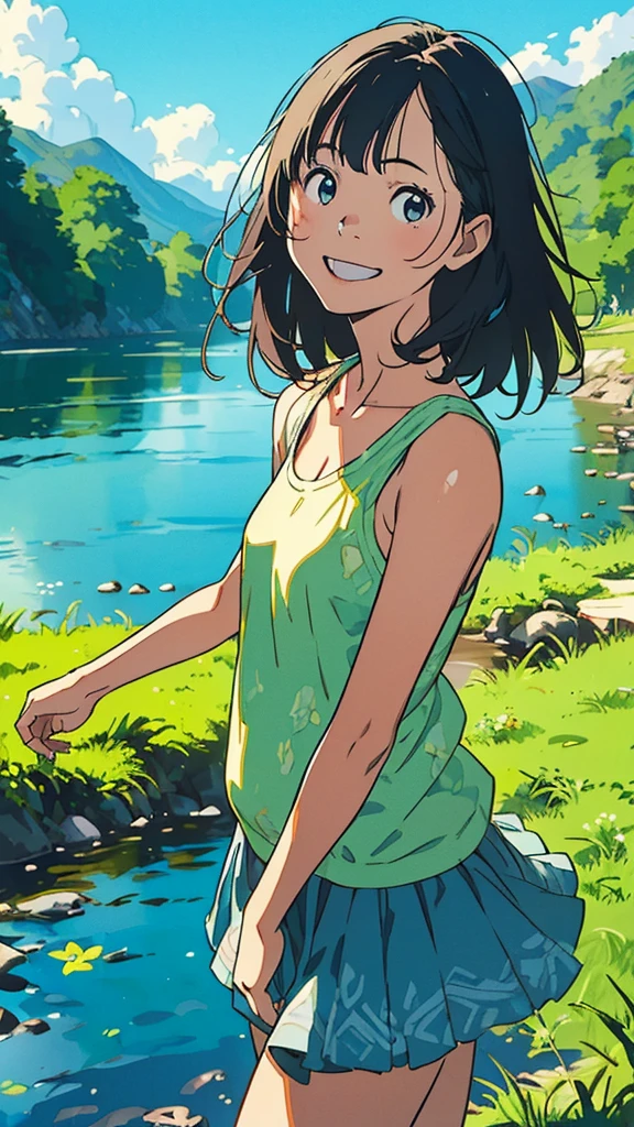 reasonable design, Clear lines, High Sharpness, (highest quality,8K,Perfect sharpness,Ultra fine,High resolution,masterpiece:1.2), Perfect Anatomy:1.5, Official Art, Illustrations that tell a story, (Whitish background:0. 9)、Body Positivity、More Mr.Physical expression、(Random and mischievous poses)、Perfect beauty、Perfect beautiful face、Strong winds、A rich expression、Dynamic composition、smile、Golden ratio composition、colorful、(Mr.Different angles and perspectives)、anime art、mini skirt、(Overcoming stereotypes)、 Glowing Skin、(Natural beauty)、smile、bangs、Straight Hair、(Soft and flowing hair)、(Rural Scenery)、(Nostalgic atmosphere)、Insert up to the thighs、(Playful and carefree)、(More Mr.Ethnic characters)、(innocent attitude)、(Sunny atmosphere)、Skirt flipped up、(Bright colors)、Belly button exposed、Beautiful Eyes、A skirt fluttering in the wind、Put it in to your feet、Some composition patterns、Tank top、ングル、sensuous、Geometric pattern、