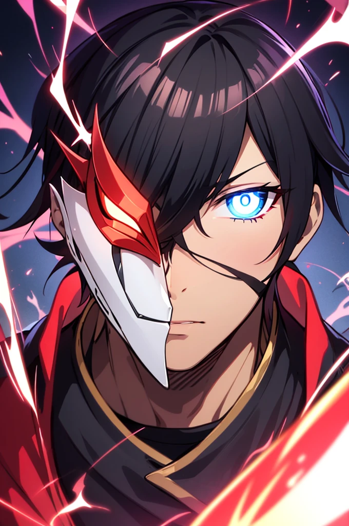 Anime Reality, detailed anime, anime styling, super verbose, high details, masterpiece, high quality, high resolution, 1man, anime male, intense face, black hair, black haired anime man, spiky hair, anime hair, glowing eyes, blue glowing eyes, blue eyes, dark skin, half covered mask, covering lower face, red mask, red face mask, action pose, lightning background, lightning aura, holding sword, bloody sword, looking at viewer, close shot, portrait, dark skinned, dark toned man, male