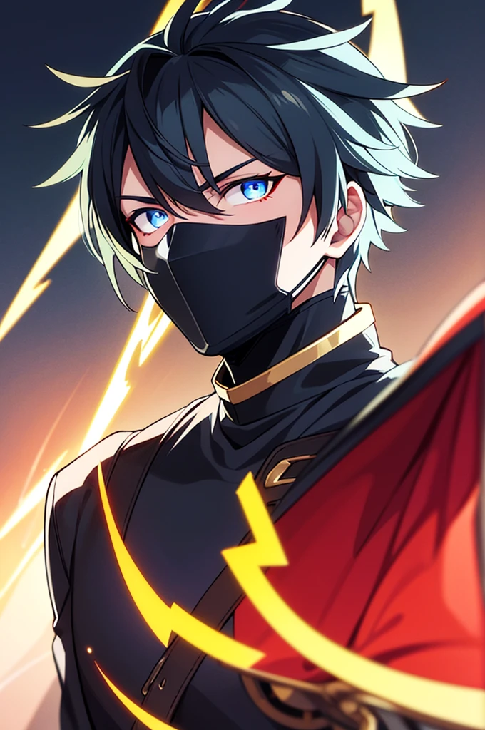 Anime Reality, detailed anime, anime styling, super verbose, high details, masterpiece, high quality, high resolution, 1man, anime male, intense face, black hair, black haired anime man, spiky hair, anime hair, glowing eyes, blue glowing eyes, blue eyes, dark skin, half covered mask, covering lower face, red mask, red face mask, action pose, lightning background, lightning aura, holding sword, bloody sword, looking at viewer, close shot, portrait, dark skinned, dark toned man, male