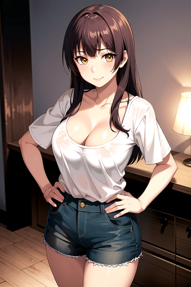 mature women, taniguchi_harumi_citrus
, brown long hair, blunt bangs, yellow eyes, medium boobs, short sleeves plunge tee, cleavage, tucked in, blue jeans, blushing, closed mouth, smile, masterpiece, 8K, HD, perfect face, high quality, best quality, extremely detailed eyes, extremely detailed body, highly detailed, expressive eyes, high res, 1girl, solo, knee length shot, front view, looking at viewer, body facing viewer, pov shot, slightly from above, standing up, straight posture, hands on hips, bedroom