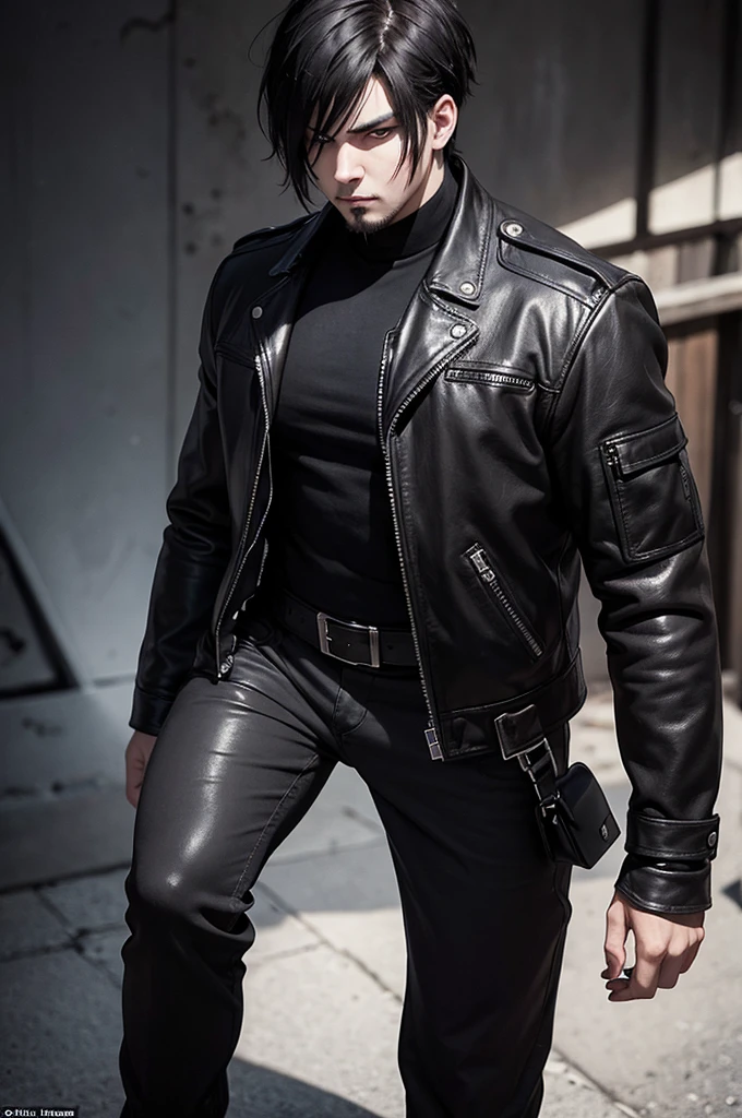 realistic style: round-faced, emo/goth man with short hair, with bright ¡¡RED EYES!!, long thick goatee and serious and intimidating expression, wearing leather clothing, muscular