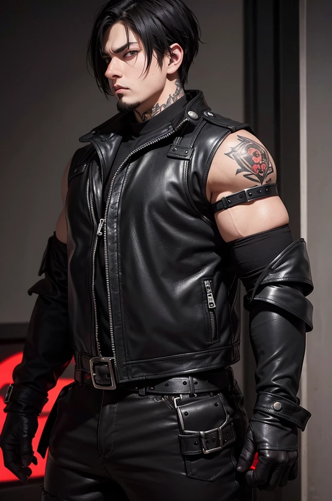 realistic style: round-faced, emo/goth man with short hair, with bright ¡¡RED EYES!!, long thick goatee and serious and intimidating expression, wearing leather clothing, muscular