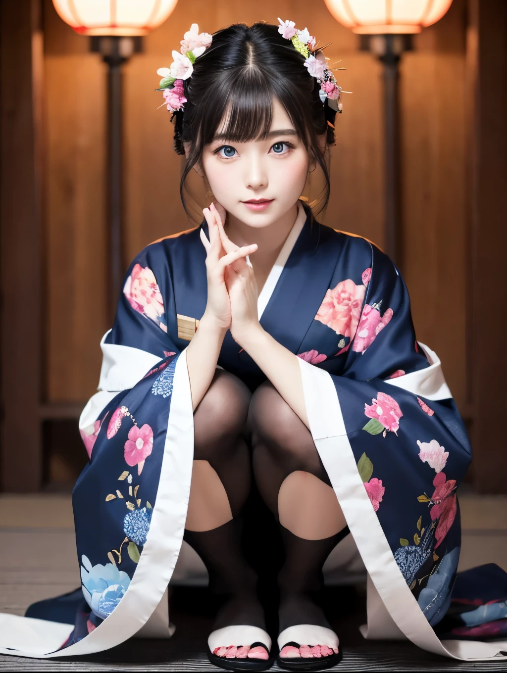 She has big, beautiful blue eyes、She has delicate features with a slight blush on her cheeks.。Her outfit is a black kimono、Decorated with colorful floral patterns、It's off the shoulder, revealing a deep neckline and a vibrant orange band.。The sleeves of the kimono are decorated with々The colorful floral pattern is intricately painted.。
Her legs are covered in black sheer knee-high stockings.、Wearing traditional Japanese geta。Her hands are placed gracefully in front of her、The fingers are slightly bent。The lighting is bright、It creates vibrant colors and sharp contrasts that highlight the details of the costumes and accessories.。。