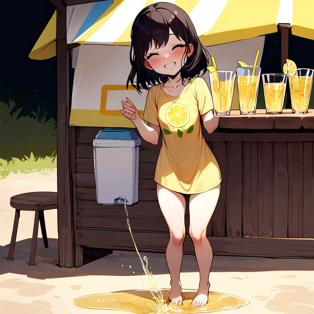 beautiful white slim girl, dark hair, bottomless, bare legs, barefoot, pee, peeing,lemon t-shirt, lemonade stand, lemonade, massive pee puddle, lemonade glass, happy, smiling, masterpiece, very detailed, detailed skin, pussy, full body, collecting pee, standing straight