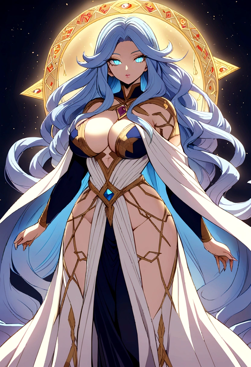 Anime Female voluptuous figure reminiscent of Dragon Ball Super's ethereal beauty, with long, flowing hair that shimmers like the night sky. Her eyes, which shift colors with her mood and magic, are captivating and mysterious. She wears a flowing robe adorned with ancient runes and mystical symbols that glow faintly with her power.