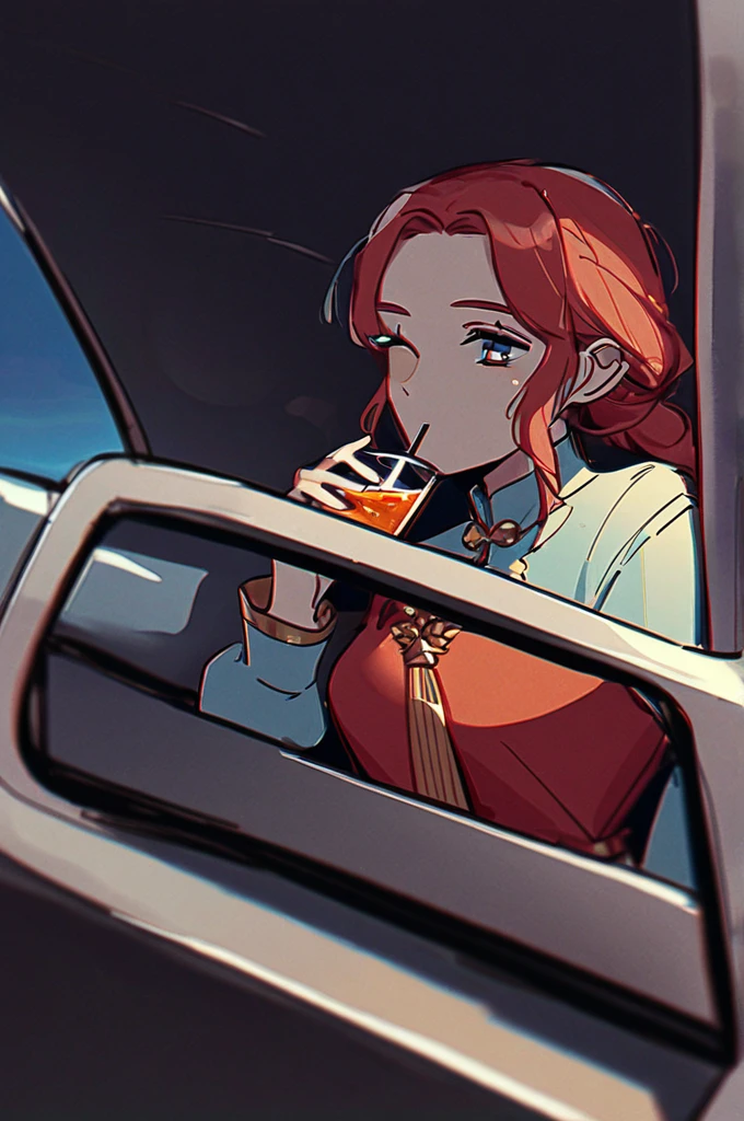 ((Лучшее качество)), ((шедевр)), (подробный), A red-haired girl with a scar on her left eye is sitting in a car and drinking vodka