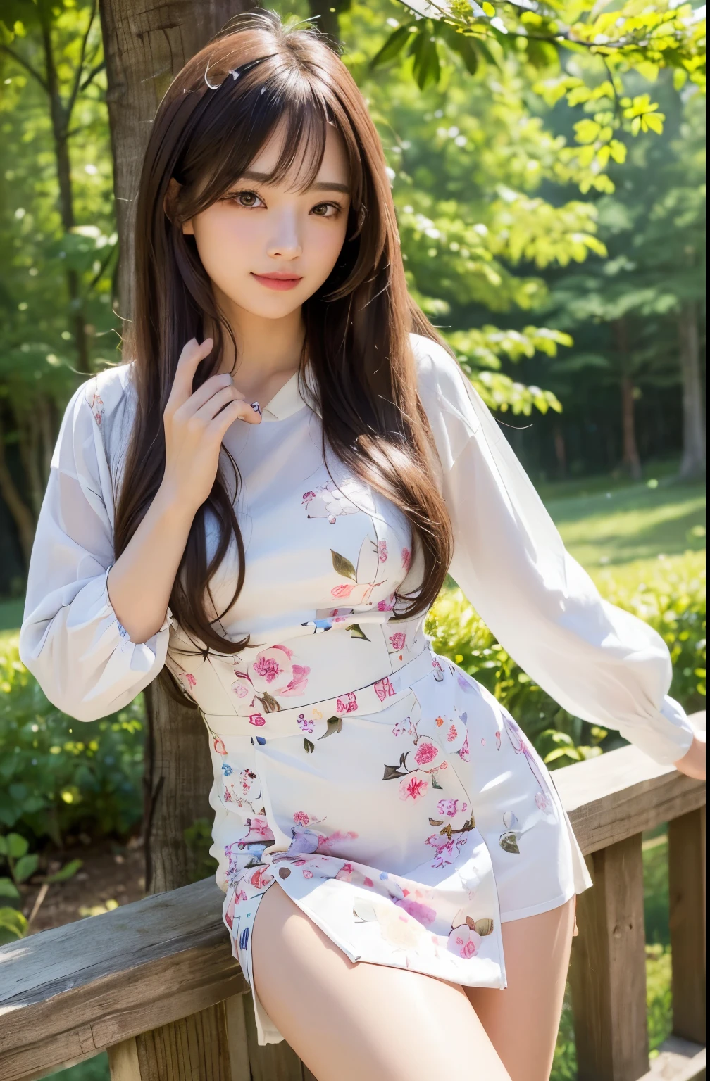 ((masterpiece: 1.3), (8K, Realistic, RAW Photos, Highest quality: 1.4), (One Girl), Beautiful Face, (Realistic Face), (Brown long hair: 1.3), bangs、(8K High Resolution), (Highest quality), (RAW Image Quality),(Tabletop:1.2), (Realistic), (Realistic:1.37), Large Eyes,Long eyelashes,Accurate action and realistic style）,The ultimate face,Realistic light and shadow,Milky skin,Fair skin, Highly detailed skin,Realistic skin details,appear,（Super detailed）,茶髪Long Hairー、bangs、（Flowing Hair）,Best Portrait,Shooting from close range, Only one girl, cute,Beautiful attention to detail, Beautifully detailed nose, Highly detailed skin) ,(二重まぶたのBeautiful Face), (realism: 1.4),Great details, Ultra-high resolution,,,繊細でBeautiful Face,,20-year-old,(Beautiful Face1.4),Slender, (Wear a floral dress:1.2),((In a park rich in nature)),,Natural smile,(,seems to be happy),Long Hair,Discomfort around the eyes,Red lipstick,((Wear a floral dress)),Very beautiful legs,(((Are standing))),((Smile at the audience)),The color of the panties is white,A very attractive smile,(((Use both hands to roll up the hem of your skirt and expose your panties))),((Are standing and showing off white panties)),thatに対して&#39;that&#39;that&#39;that&#39;Wearing a very beautiful dress,((Show me your pants))