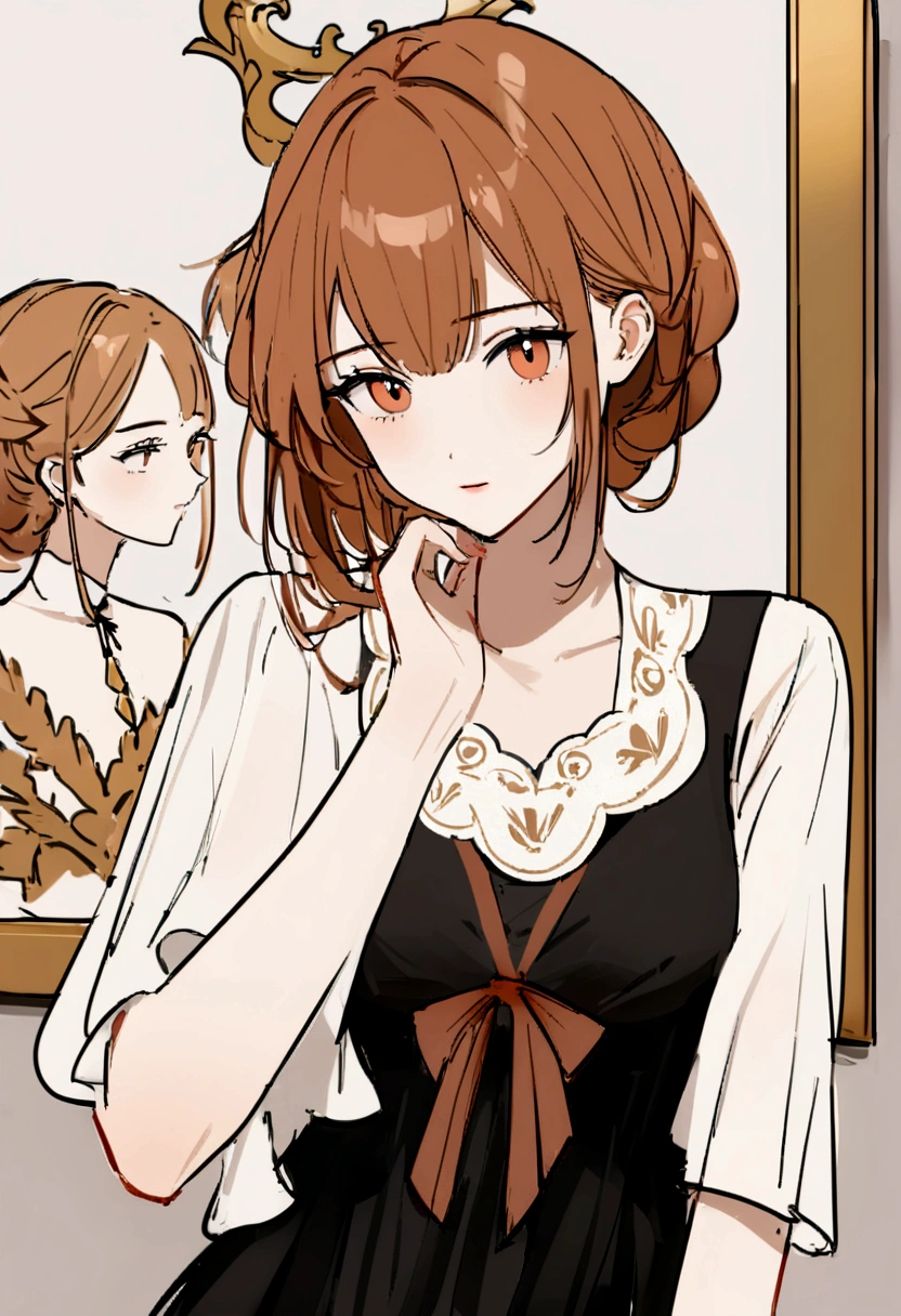 work of art, best qualityer,1 girl, russet hair, eyes browns, wearing a blouse written Harl.