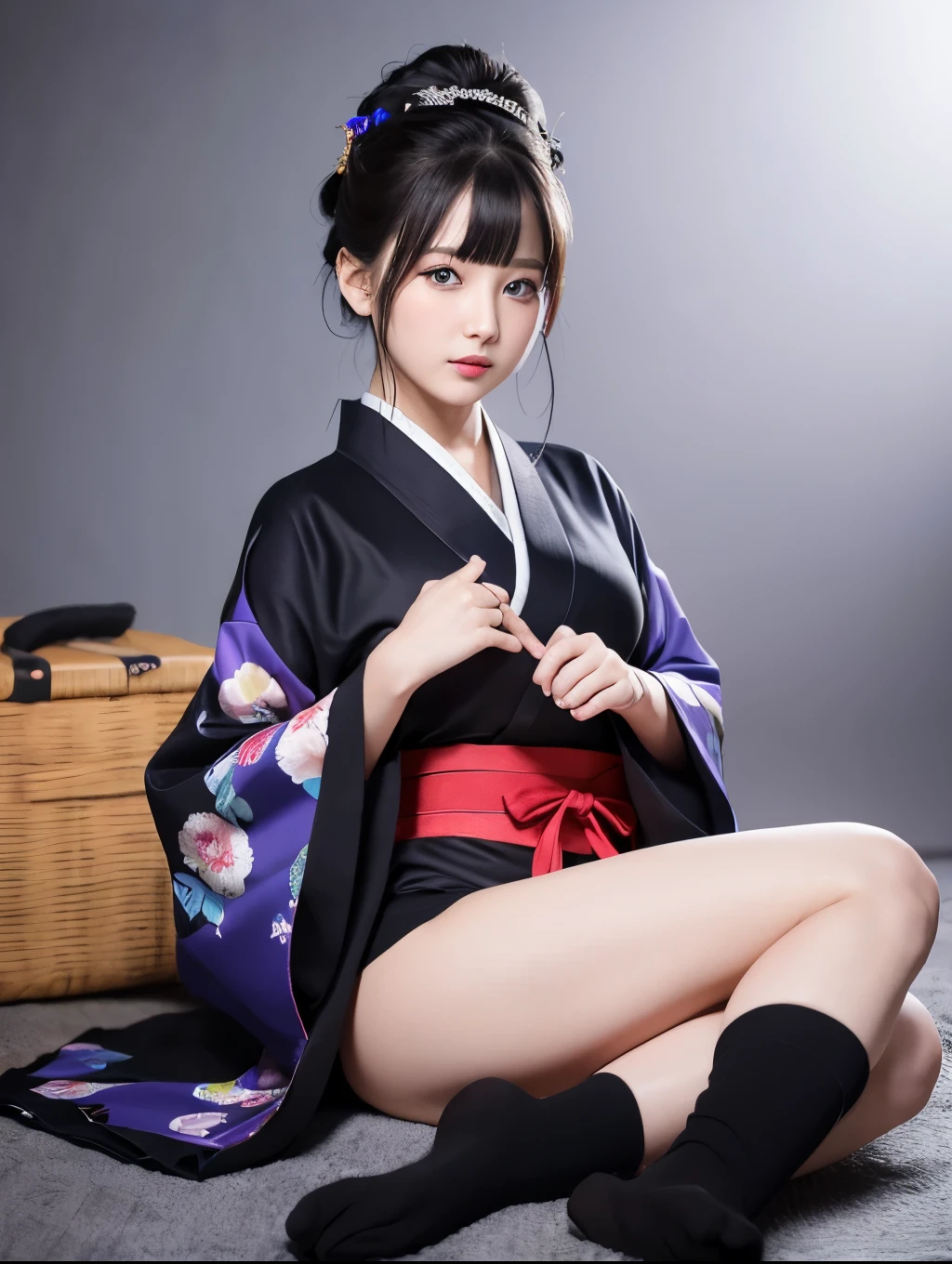 She has big, beautiful blue eyes、She has delicate features with a slight blush on her cheeks.。Her outfit is a black kimono、Decorated with colorful floral patterns、It's off the shoulder, revealing a deep neckline and a vibrant orange band.。The sleeves of the kimono are decorated with々The colorful floral pattern is intricately painted.。
Her legs are covered in black sheer knee-high stockings.、Wearing traditional Japanese geta。Her hands are placed gracefully in front of her、The fingers are slightly bent。The lighting is bright、It creates vibrant colors and sharp contrasts that highlight the details of the costumes and accessories.。。