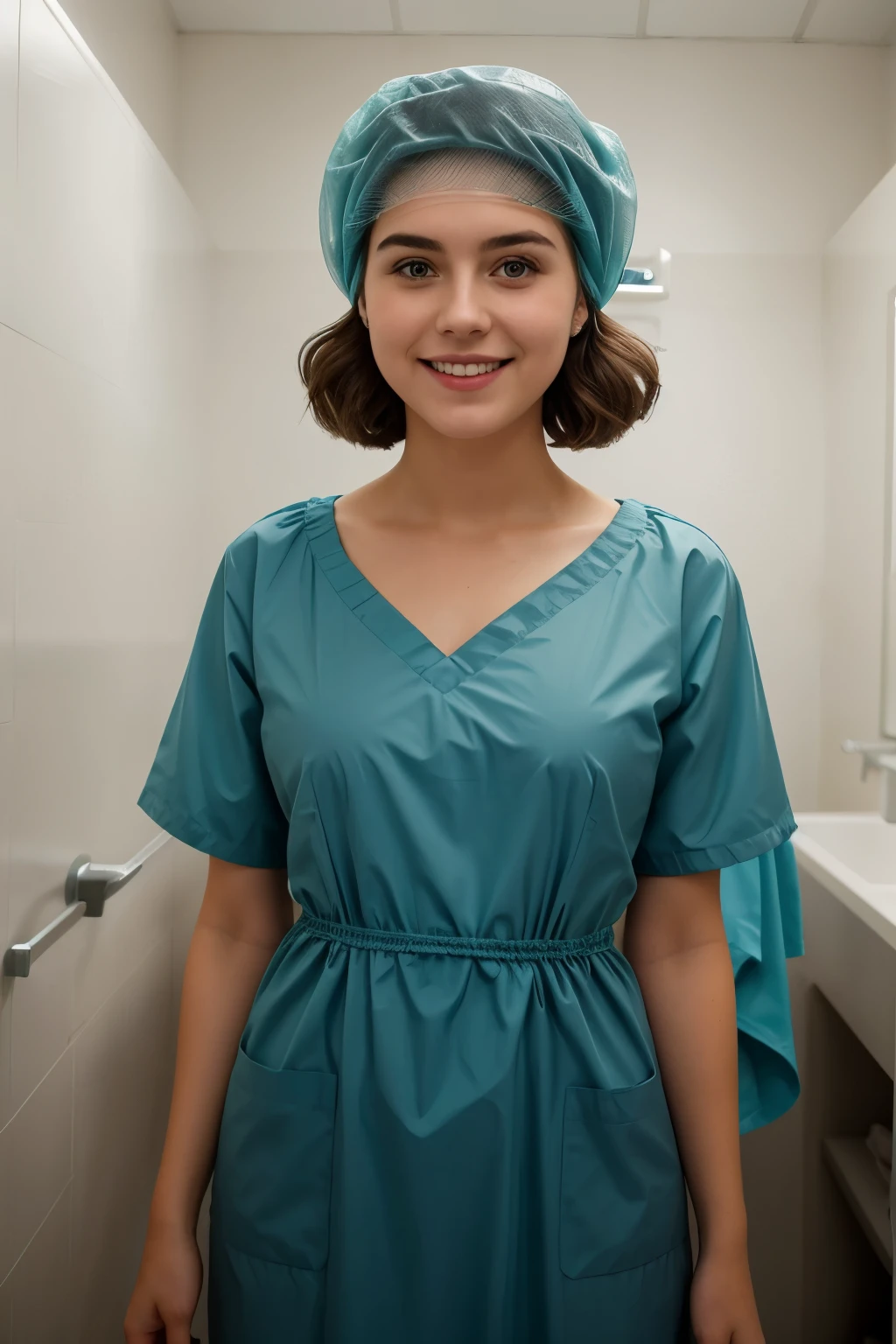 Ultra realistic, Cinematic, german teenager girl, 16 years old, pediatric patient, standing in medical changing room, beautiful face, big eyes, big smile, detailed face, wears ultra soft and ultra light slight teal patient gown, wide angle , bokeh, all wearing large teal nylon bouffant cap, large teal nylon shower cap, large surgical cap covering hair and ears, short hair fully covered by nylon tissue cap, no hair tails, weaing teal patient gown