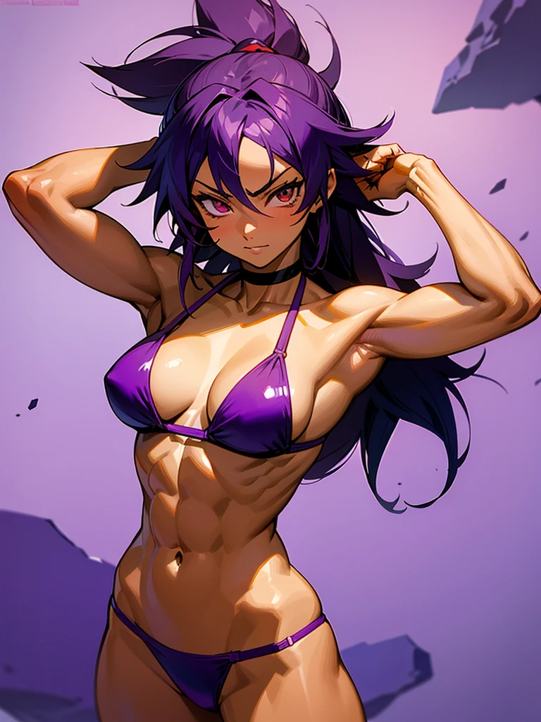 18 year old Yoruichi Shihōin from Bleach with tanned skin in a purple thong bikini flexing her muscles with her hands behind her head so they are not seen to show off her rock hard abs as she looks down on you, highly detailed 