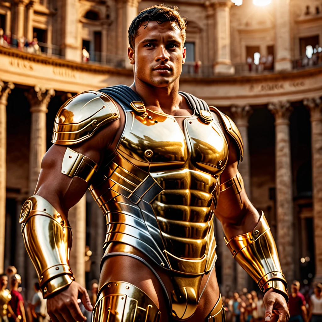 a muscular man, a golden shiny metallic armor with metallic details, roman coliseum background, detailed facial features, extremely detailed, masterpiece, photorealistic, 8k, high quality, cinematic lighting, dramatic lighting, cinematic colors, DSLR camera high render, high resolution, high quality, photorealism, :RealVisXL 4.0:, :midjourney v6:, :masterpiece:, 1:1 proportion, :full_body_view:, :lora:Juggernaut_Cinematic_XL_LoRA,