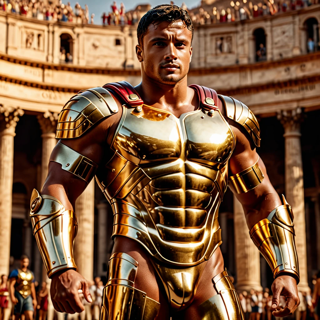 a muscular man, a golden shiny metallic armor with metallic details, roman coliseum background, detailed facial features, extremely detailed, masterpiece, photorealistic, 8k, high quality, cinematic lighting, dramatic lighting, cinematic colors, DSLR camera high render, high resolution, high quality, photorealism, :RealVisXL 4.0:, :midjourney v6:, :masterpiece:, 1:1 proportion, :full_body_view:, :lora:Juggernaut_Cinematic_XL_LoRA,