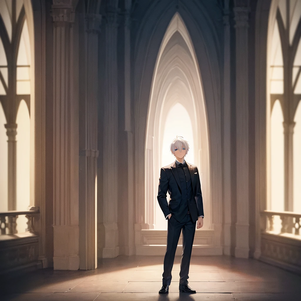 Man, back turned, alone, white hair, blue eyes, short hair, wearing a black suit, bridge view at night, half body