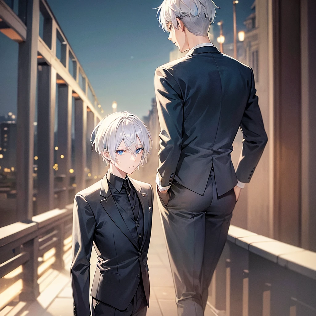 Man, back turned, alone, white hair, blue eyes, short hair, wearing a black suit, bridge view at night, half body