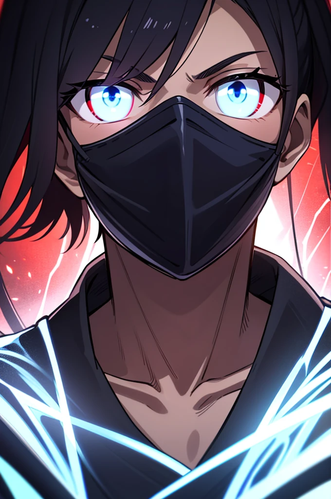 Anime Reality, detailed anime, anime styling, super verbose, high details, masterpiece, high quality, high resolution, 1man, anime male, intense face, black hair, black haired anime man, spiky hair, anime hair, glowing eyes, blue glowing eyes, blue eyes, dark skin, half covered mask, covering lower face, red mask, red face mask, action pose, lightning background, lightning aura, holding sword, bloody sword, looking at viewer, close shot, portrait, dark skinned, dark toned man, male