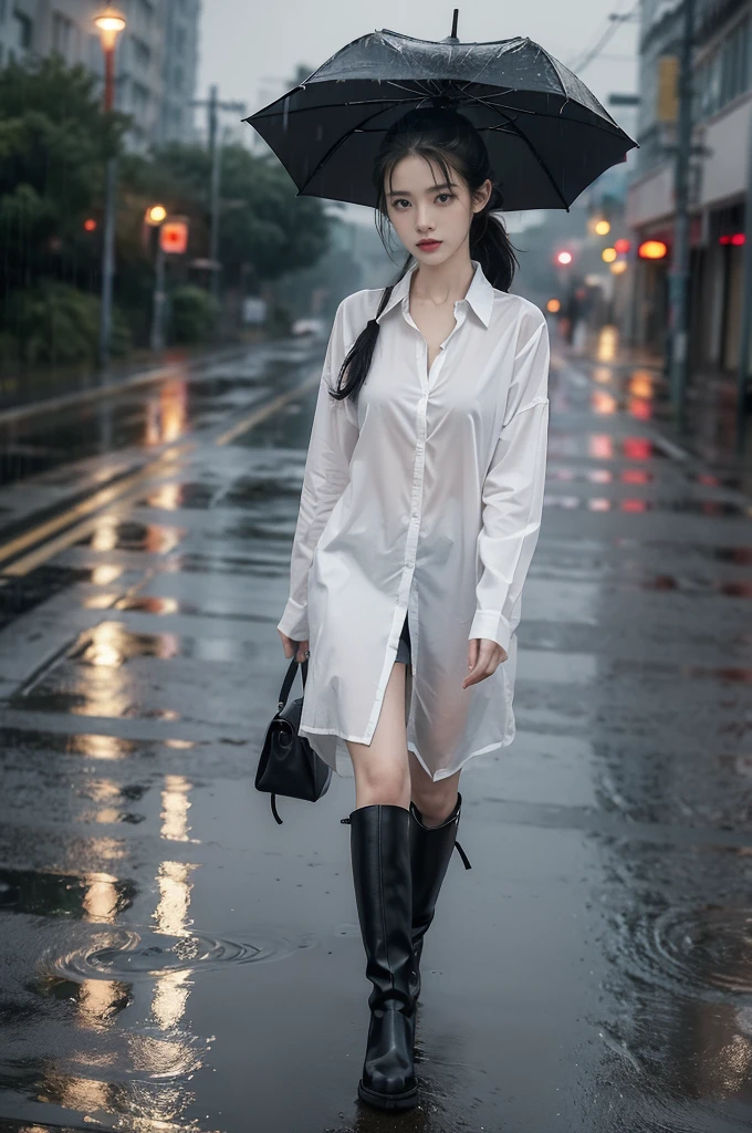 (((best quality))),(((ultra detailed))),(((masterpiece))),illustration,1girl, young,solo, slim,thin,short ponytail,small breasts,flat chest,white collared shirt,underwear,slender legs,boots,standing,rainy night, heavy rain, drenched clothes, melancholy expression, solitude, tear rolling down cheek, wet hair, empty streets, dimly lit, deserted environment, sound of rain, footsteps, discarded umbrella on the ground, symbol of hope, abandoned, resilience, determination, walking in rain, heartbreak, loss, love fading, loneliness, body language, facial expression, dreary atmosphere, rain-soaked streets, somber mood, viewer engagement,full body