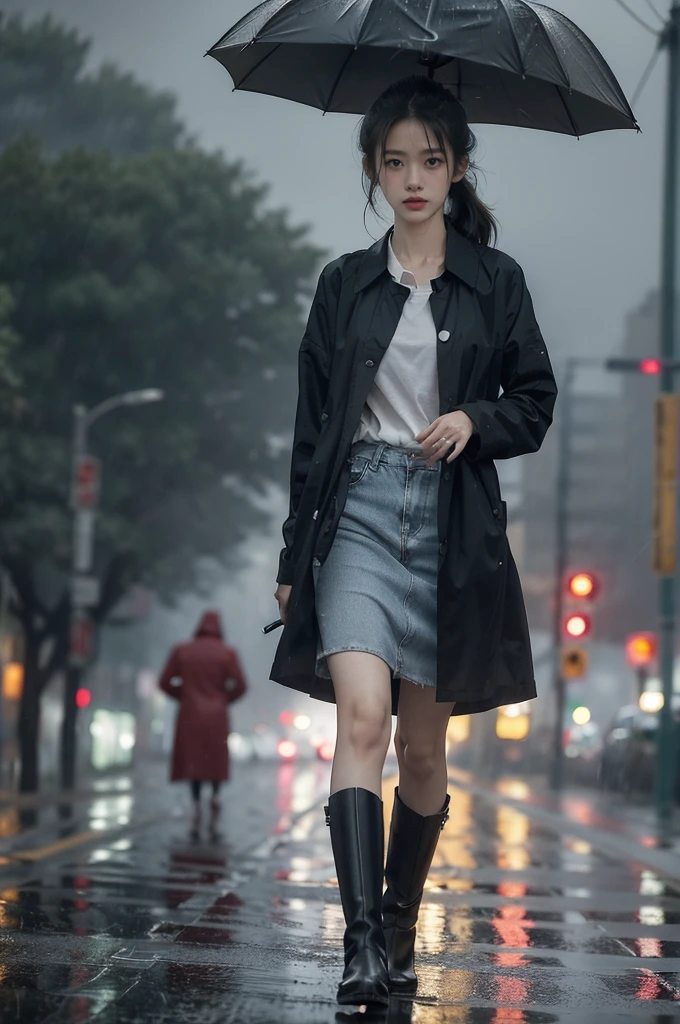 (((best quality))),(((ultra detailed))),(((masterpiece))),illustration,1girl, young,solo, slim,thin,short ponytail,small breasts,flat chest,white collared shirt,underwear,slender legs,boots,standing,rainy night, heavy rain, drenched clothes, melancholy expression, solitude, tear rolling down cheek, wet hair, empty streets, dimly lit, deserted environment, sound of rain, footsteps, discarded umbrella on the ground, symbol of hope, abandoned, resilience, determination, walking in rain, heartbreak, loss, love fading, loneliness, body language, facial expression, dreary atmosphere, rain-soaked streets, somber mood, viewer engagement,full body