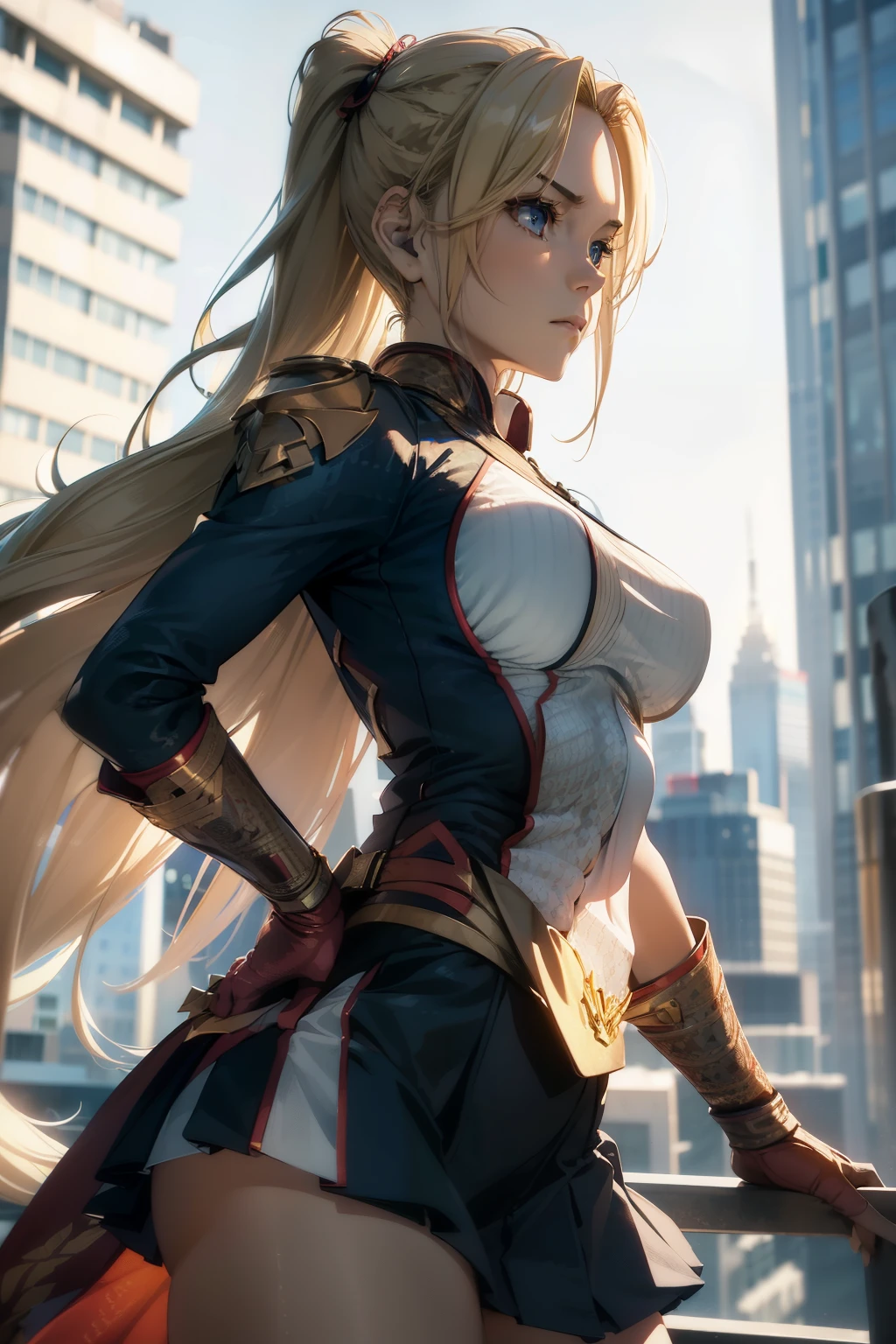 Ultra detailed, 1girl  Homelander,  very long blonde hair, angry face,  medium breasts,  hero uniform,  skirt . City .