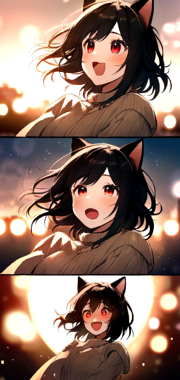 junkotvv black hair, Red eyes, cat ears, a woman, cozy sweater put on, Upper part of the body, (huge laughing:1.1), (Open mouth:1.1), (Eyes wide open:1.2), sun glare, bokeh, depth of field, blurred background, light particles, Strong wind, (Heart particles:1.1)