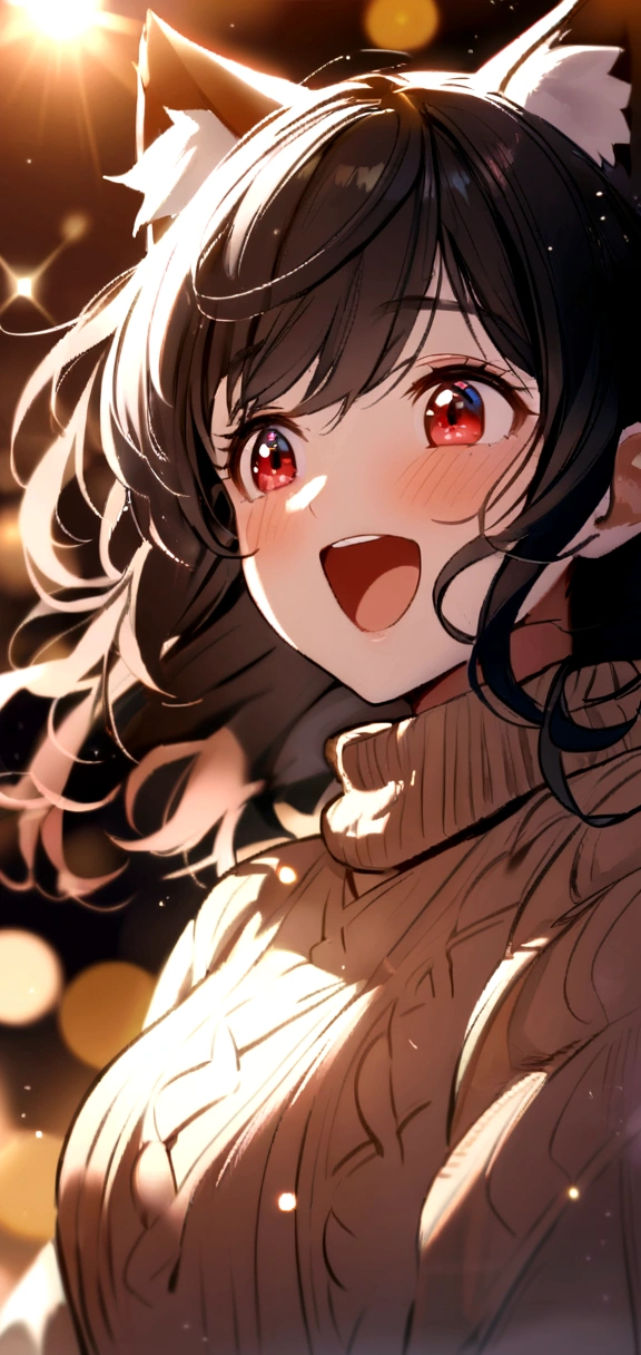 junkotvv black hair, Red eyes, cat ears, a woman, cozy sweater put on, Upper part of the body, (huge laughing:1.1), (Open mouth:1.1), (Eyes wide open:1.2), sun glare, bokeh, depth of field, blurred background, light particles, Strong wind, (Heart particles:1.1)