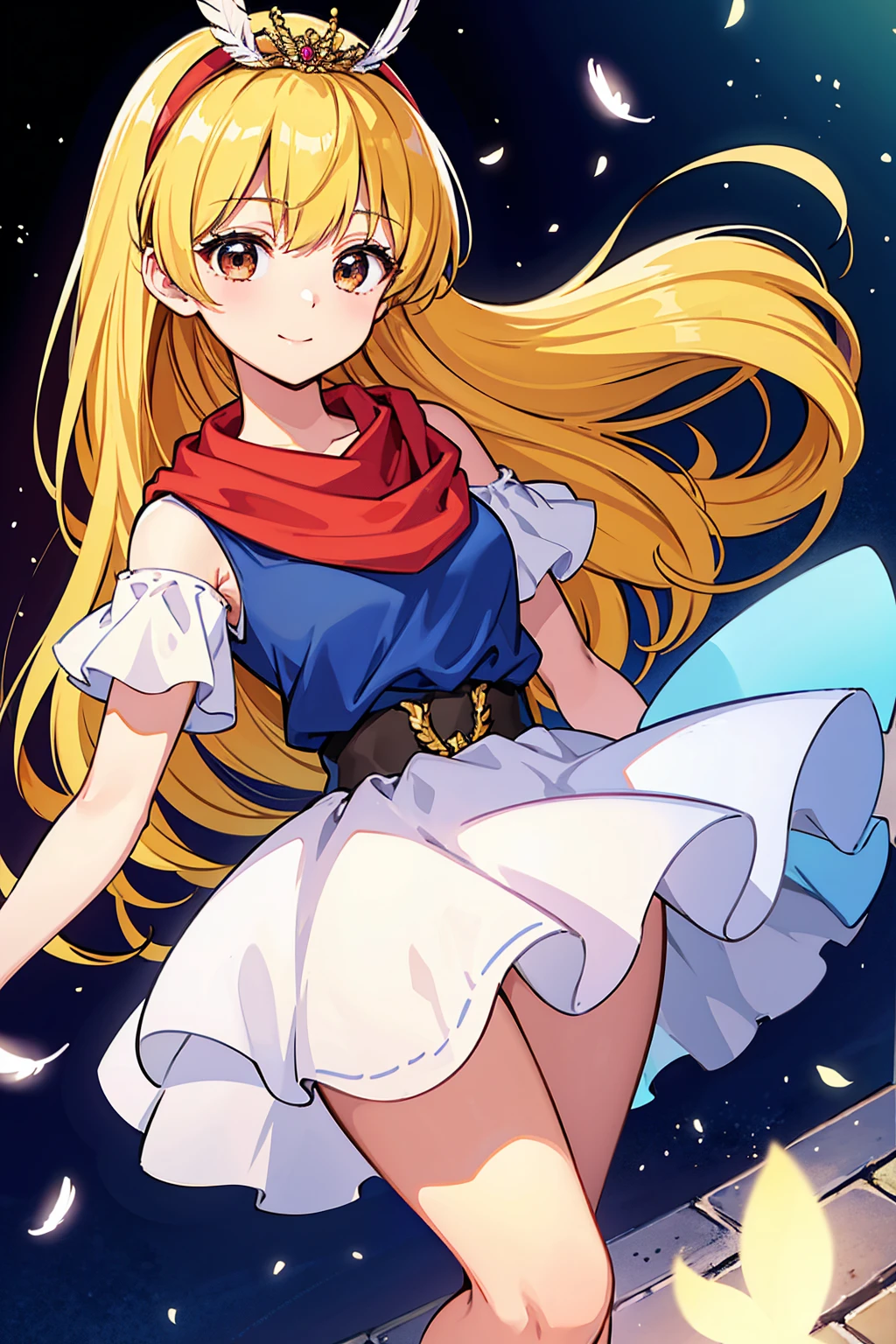 masterpiece、1 beautiful girl、Beautiful Eyes、smile,Puffy eyes、Highest quality, 超High resolution, (reality: 1.4), Cinema Lighting、so beautiful、Beautiful Skin、Body facing forward、Upper Body,Face close-up,(Ultra-realistic)、(High resolution)、(8K)、(Very detailed)、(Beautiful and Beautiful Eyes)、(Very detailedな)、 (wall-)、Detailed face、Bright lighting、Professional Lighting、Looking at the audience、Look straight ahead、Diagonal bangs、Perfect cosplay, Highest quality,Very detailedな,1 Girl,alone,magic princess,Blonde,Blue clothes,Blue Skirt,Brown eyes,feather hair band,Long Hair,Shoulder rest,boots,Red scarf,tiara,White shoes, Flower field background,Prepare the bow