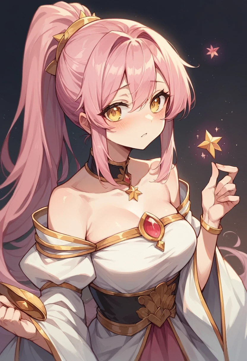 Masterpiece, Best Quality, 1 girl, long pink hair with ponytail, gold eyes, small and short magic girl clothes, blushing, hentai. a lot of chest.