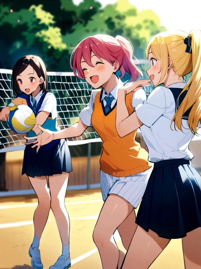 Three girls playing volleyball happily at their school 