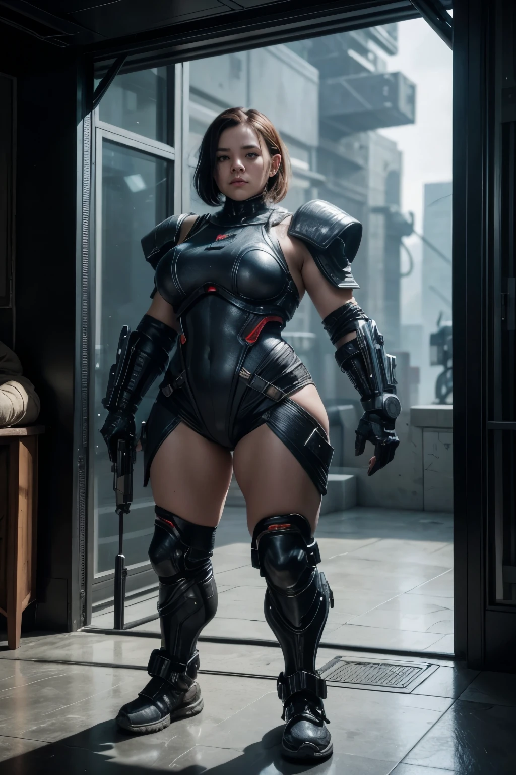 short female dwarf, body proportions of a D&D dwarf, exaggeratedly short legs, short neck, short arms, muscular, ugly, exaggeratedly wide shoulder, wide bones, large upper body, RPG, futuristic spacesuit, holding a cyberpunk rifle, sci-fi, , high tech, futuristic, full body, ultra realistic