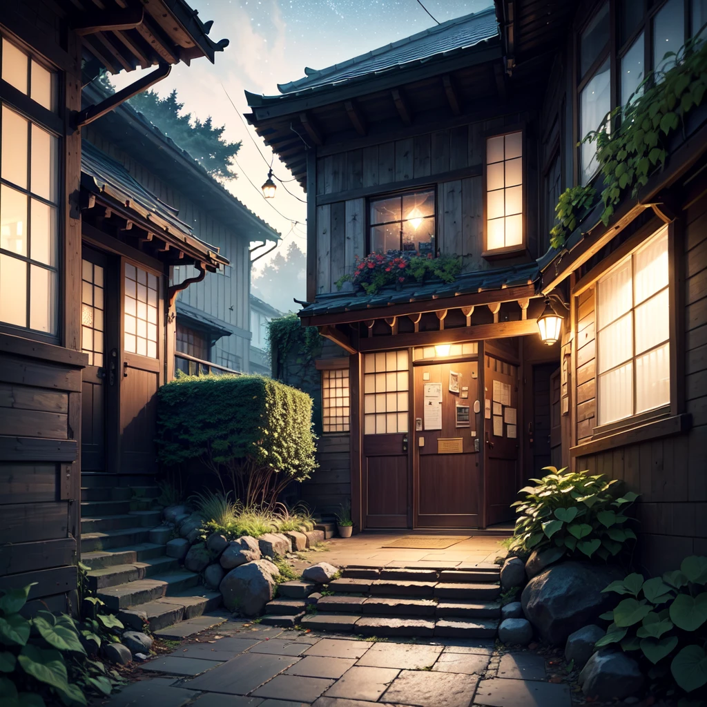 A picturesque street scene in a (quiet:1.3) Japanese town at (dusk:1.2), with a (vibrant:1.4) sky filled with (twinkling stars:1.3) and a (gradient sunset:1.2). On the left side, there's an (old:1.1) building with a (blue awning:1.2) and (illuminated:1.3) storefront signs, casting a (warm glow:1.4). The building features (detailed:1.3) textures with (visible wear and tear:1.2). Across from it, a (steep:1.2) set of (stone steps:1.2) leading up to more (quaint:1.2) buildings. The steps are lined with (overgrown plants:1.2) and (vintage:1.1) street lamps casting a (soft light:1.3). The scene is enhanced by (vivid colors:1.3) and (intricate details:1.2), creating an (atmospheric:1.4) and (nostalgic:1.3) feel. (No people:1.6) are present, maintaining a serene and (undisturbed:1.2) ambiance.