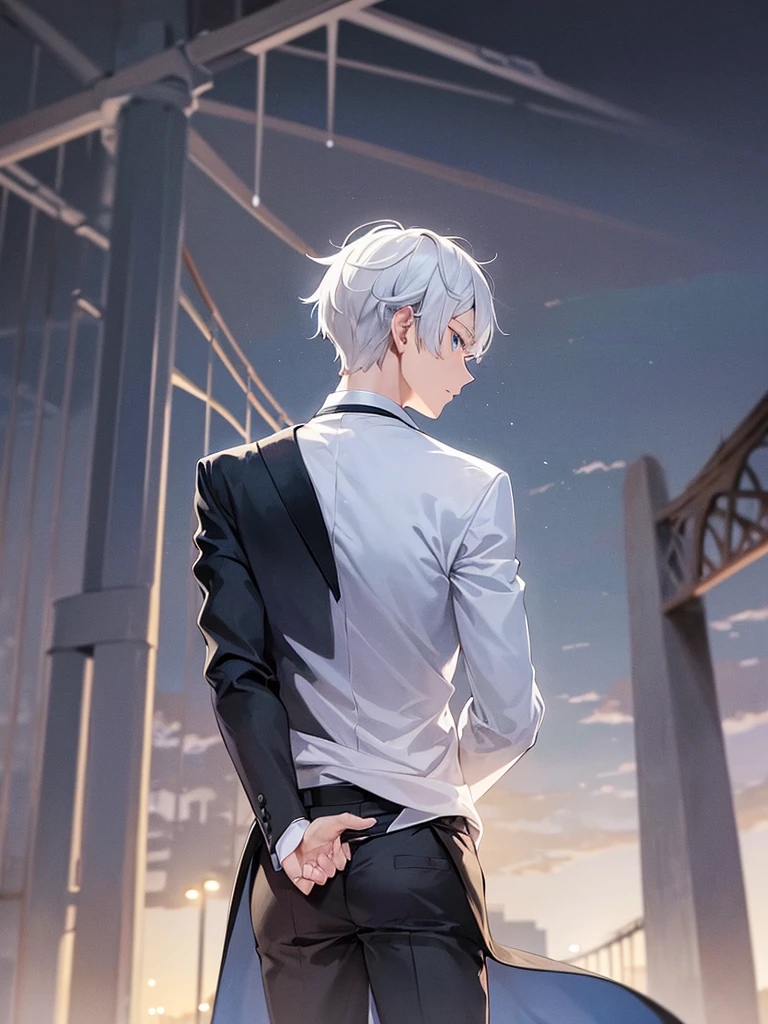 Man, back turned, alone, white hair, blue eyes, short hair, wearing a black suit, night view of the bridge.
