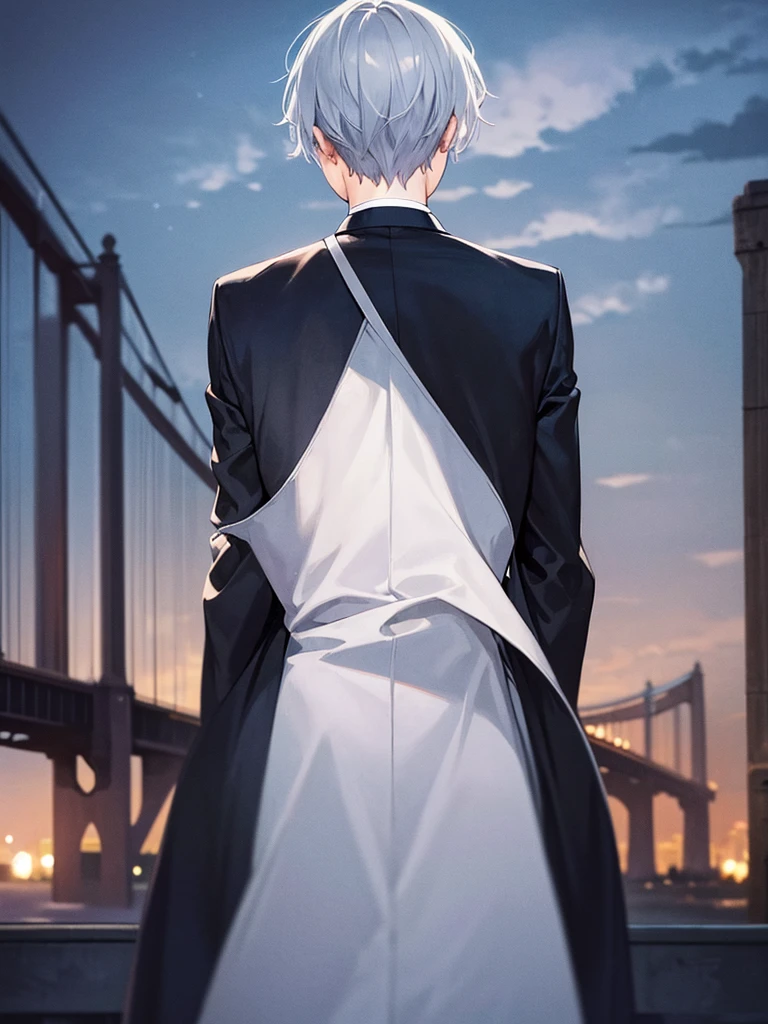 Man, back turned, alone, white hair, blue eyes, short hair, wearing a black suit, night view of the bridge.