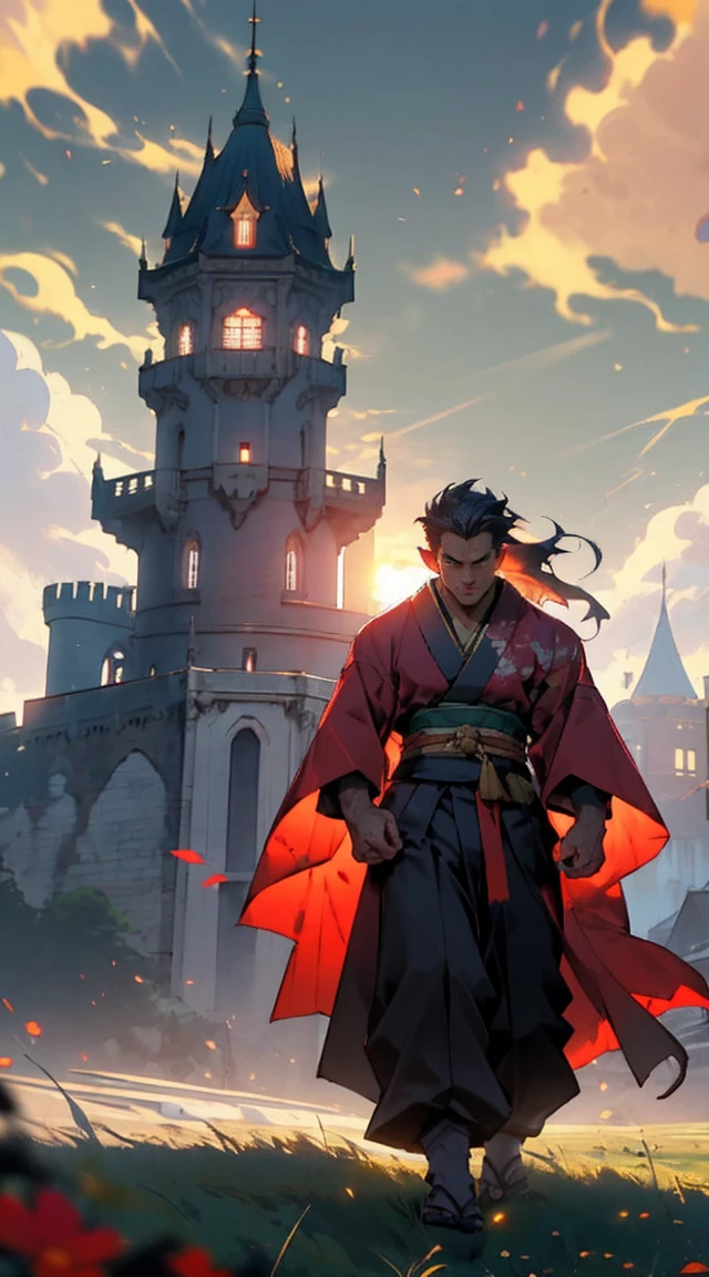 make a young and strong fighter, He is muscular and has long hair and wears a kimono with ripped sleeves., he will be walking through a grassy terrain with a castle in the background, and the strong wind blowing, he walks in front of us
