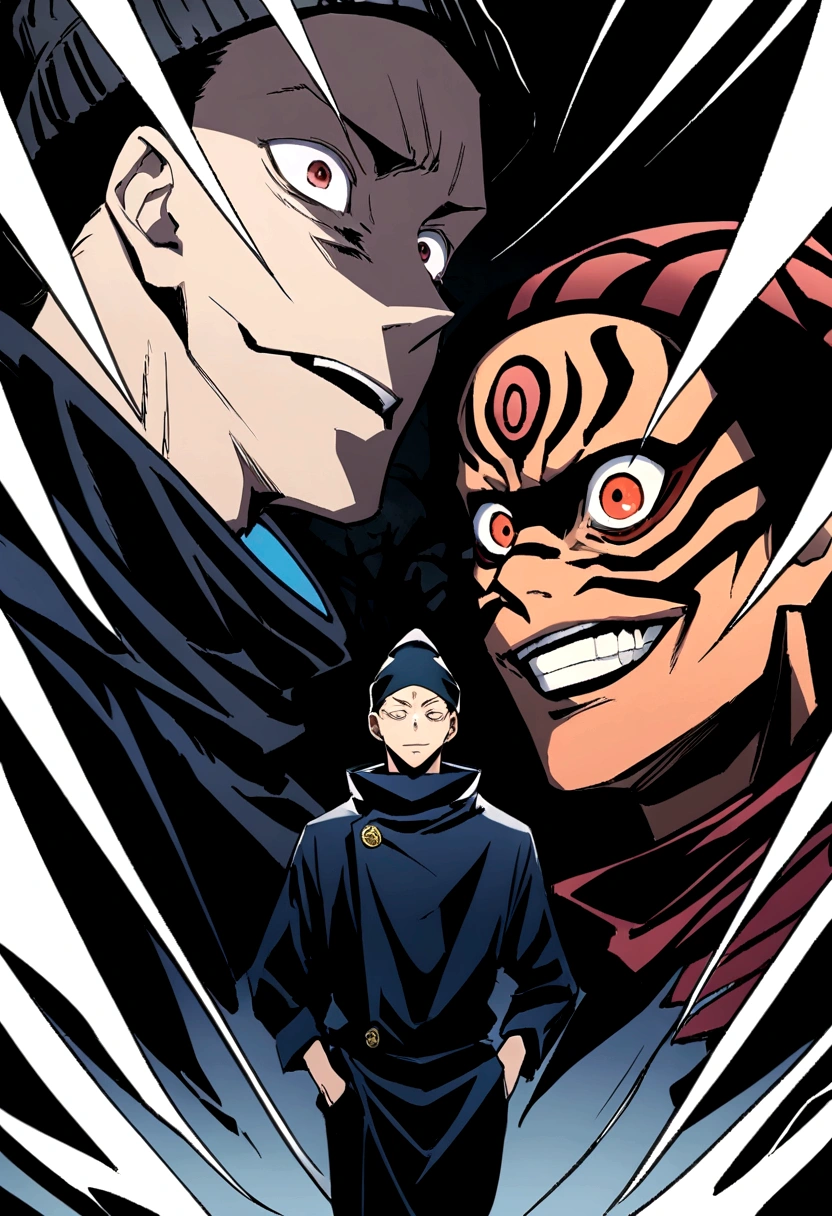 On the left side there is Sukuna from Jujutsu Kaisen with an evil face and on the right side a boy with medium-long brown hair, black clothes with a beanie hat, symmetrical image anime