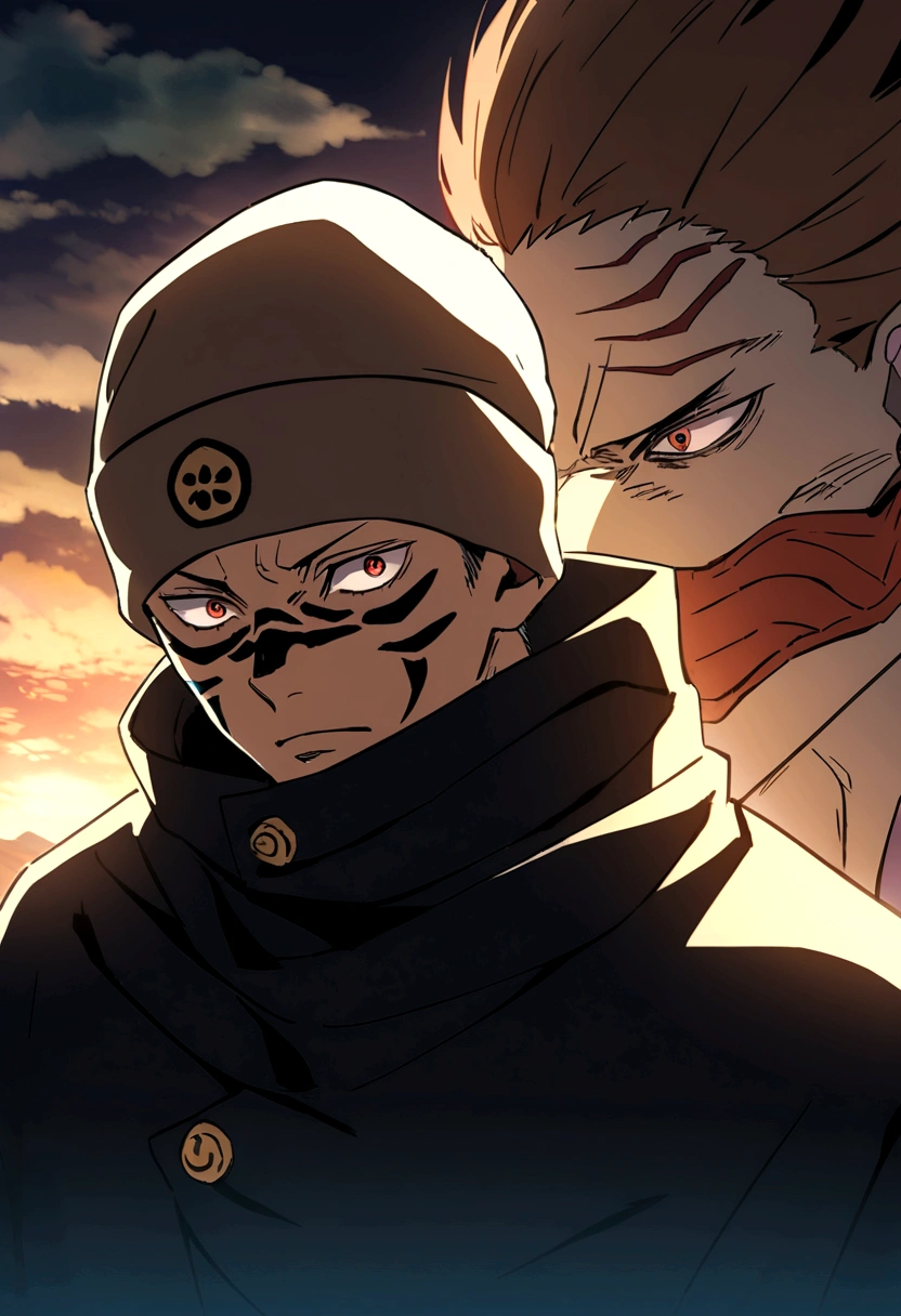 On the left side there is Sukuna from Jujutsu Kaisen with an evil face and on the right side a boy with medium-long brown hair, black clothes with a beanie hat, symmetrical image anime