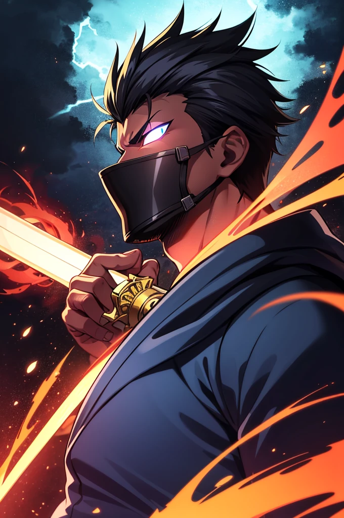 Anime Reality, detailed anime, anime styling, super verbose, high details, masterpiece, high quality, high resolution, 1man, anime male, intense face, black hair, black haired anime man, spiky hair, anime hair, glowing eyes, blue glowing eyes, blue eyes, dark skin, half covered mask, covering lower face, red mask, red face mask, action pose, lightning background, lightning aura, holding sword, bloody sword, looking at viewer, upper body shot, black cloak, black shinobi, dark skinned, dark toned man, male
