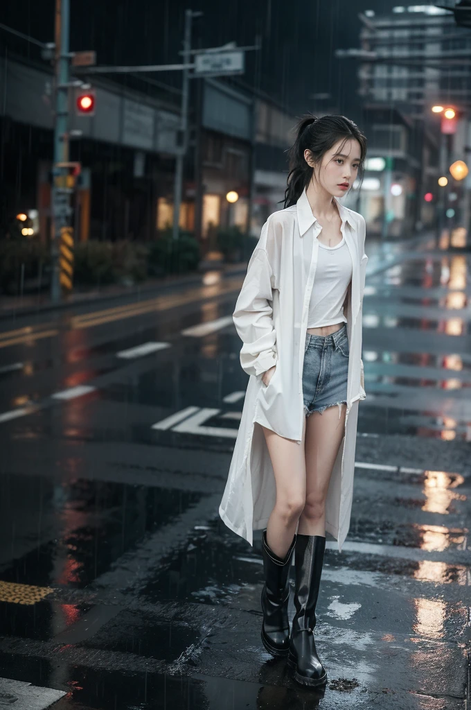 (((best quality))),(((ultra detailed))),(((masterpiece))),illustration,1girl, young,solo, slim,thin,short ponytail,small breasts,flat chest,white collared shirt,briefs,slender legs,boots,standing,rainy night, heavy rain, drenched clothes, melancholy expression, solitude, tear rolling down cheek, wet hair, empty streets, dimly lit, deserted environment, sound of rain, footsteps, symbol of hope, abandoned, resilience, determination, walking in rain, heartbreak, loss, love fading, loneliness, body language, facial expression, dreary atmosphere, rain-soaked streets, somber mood, viewer engagement,full body