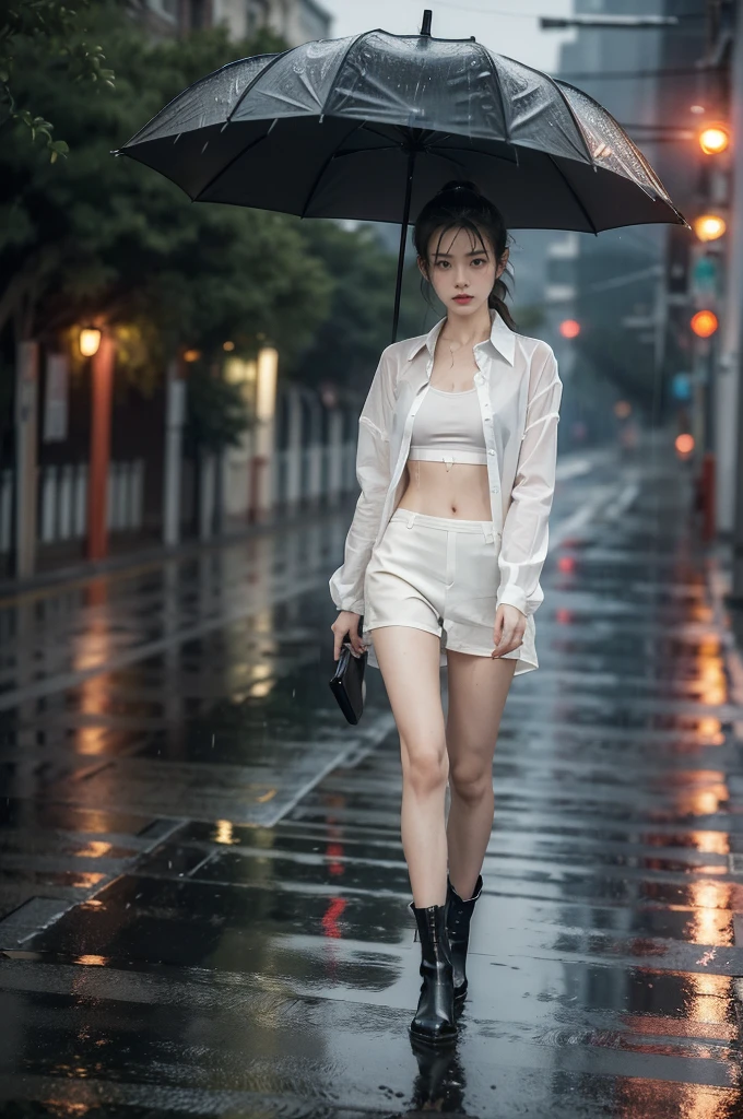 (((best quality))),(((ultra detailed))),(((masterpiece))),illustration,1girl, young,solo, slim,thin,short ponytail,small breasts,flat chest,white collared shirt,briefs,slender legs,boots,standing,rainy night, heavy rain, drenched clothes, melancholy expression, solitude, tear rolling down cheek, wet hair, empty streets, dimly lit, deserted environment, sound of rain, footsteps, symbol of hope, abandoned, resilience, determination, walking in rain, heartbreak, loss, love fading, loneliness, body language, facial expression, dreary atmosphere, rain-soaked streets, somber mood, viewer engagement,full body