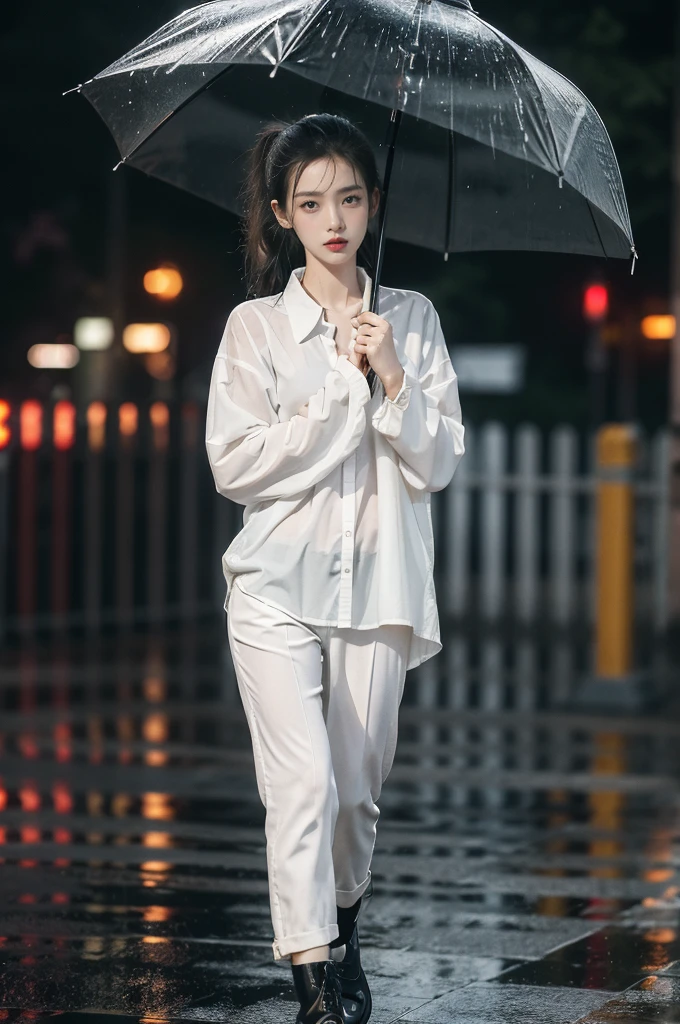 (((best quality))),(((ultra detailed))),(((masterpiece))),illustration,1girl, young,solo, slim,thin,short ponytail,small breasts,flat chest,white collared shirt,briefs,slender legs,boots,standing,rainy night, heavy rain, drenched clothes, melancholy expression, solitude, tear rolling down cheek, wet hair, empty streets, dimly lit, deserted environment, sound of rain, footsteps, symbol of hope, abandoned, resilience, determination, walking in rain, heartbreak, loss, love fading, loneliness, body language, facial expression, dreary atmosphere, rain-soaked streets, somber mood, viewer engagement,full body